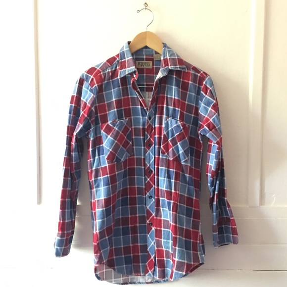 Vintage Buffalo Check Plaid Flannel Red Blue Button Down Shacket Shirt Jacket - Picture 1 of 5